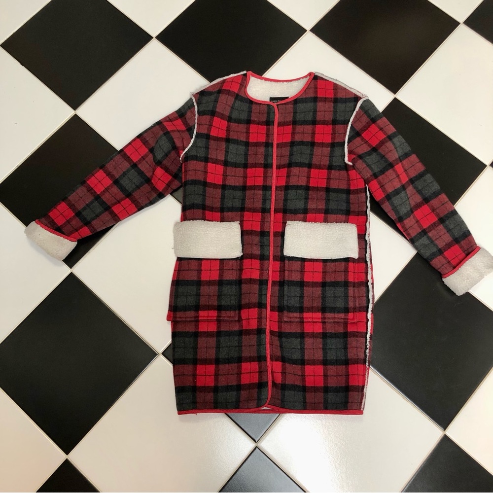 Urban Renewal Fleece Coat Red & Black Buffalo Plaid Check Shearling Jacket sz S